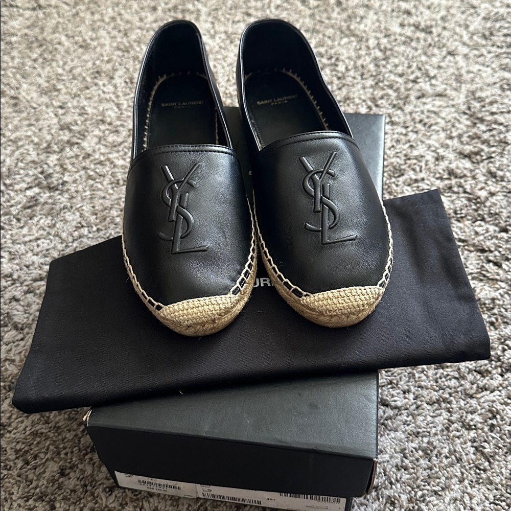 BNIB Authentic Saint Laurent Monogram Lambskin Espadrilles 40.5 Nero Black - Picture 3 of 11